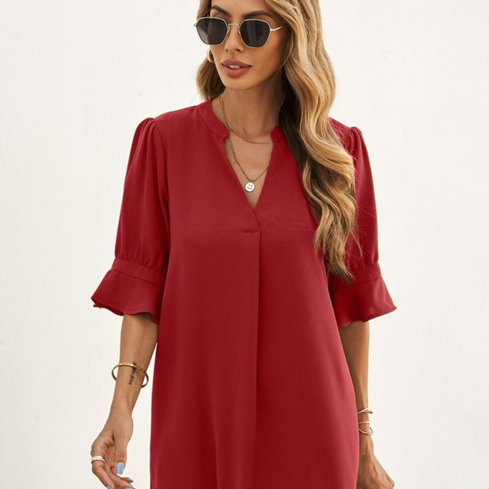 NWT - Puff Sleeve Notched Mini Shift Dress Red